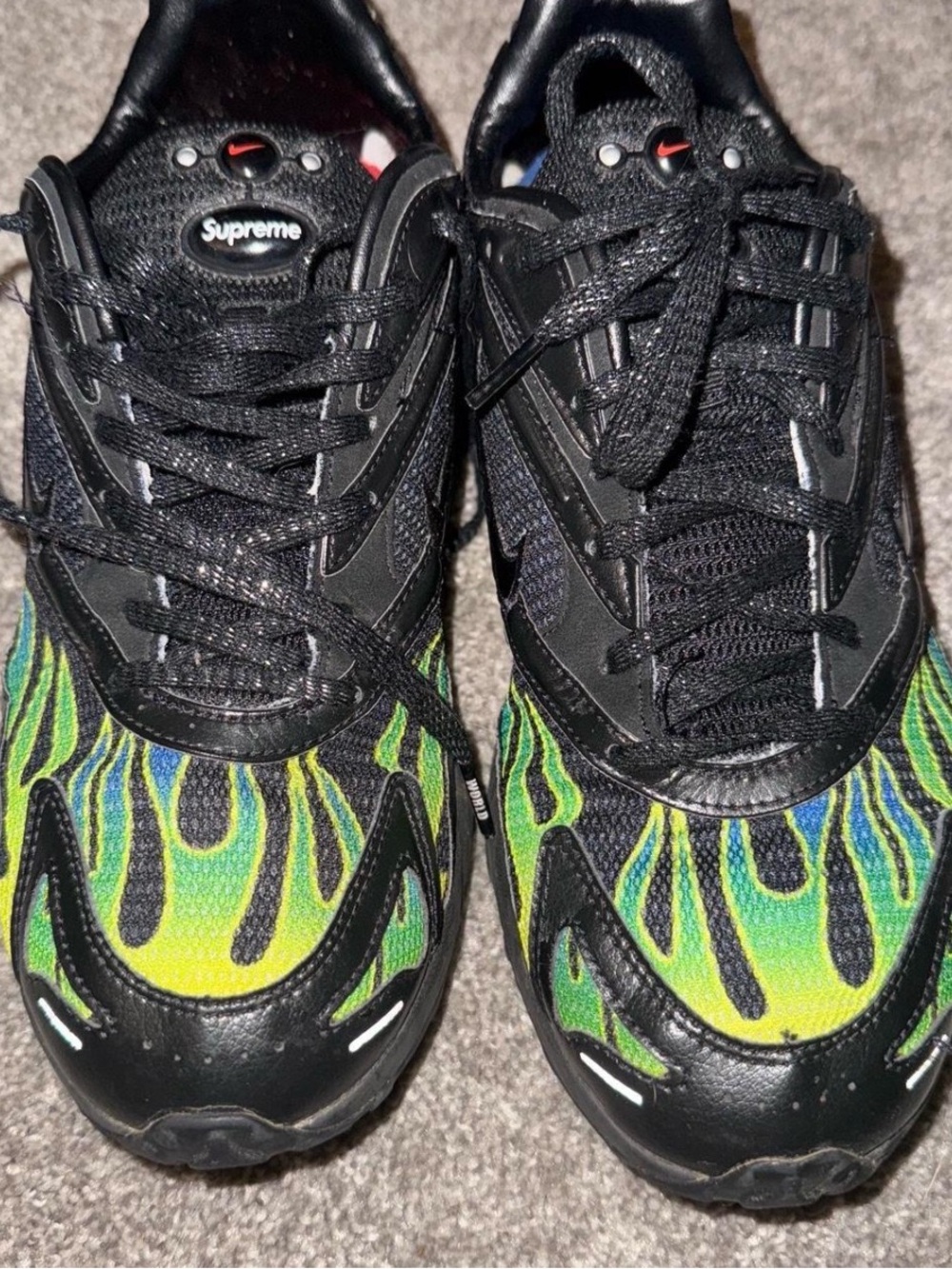 Supreme Nike Men’s Black Sneakers with Green and Yellow Flame Detail